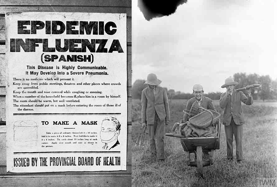 Left: Spanish Flu poster c. 1918. University of Calgary Archives and Special Collections. Right. UK schoolboys at work on an allotment allocated for wartime vegetable production on school playing fields. Horace Nicholls (1918). Imperial War Museum Q30855.
