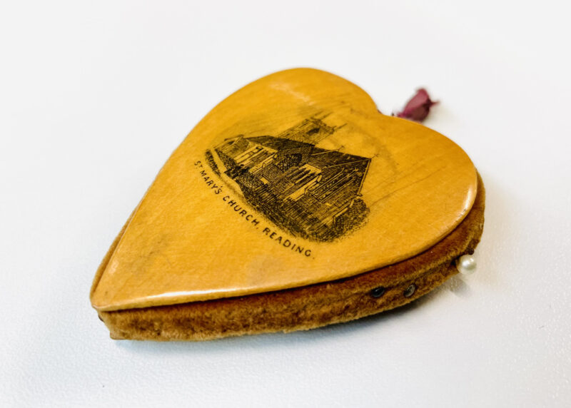 Heart shaped pin cushion owned by Miss Beatrice E. Stevens who died in the influenza pandemic of 1918–19, while serving with the French Red Cross in Europe. Courtesy of Museum of English Rural Life. Object 55/782.